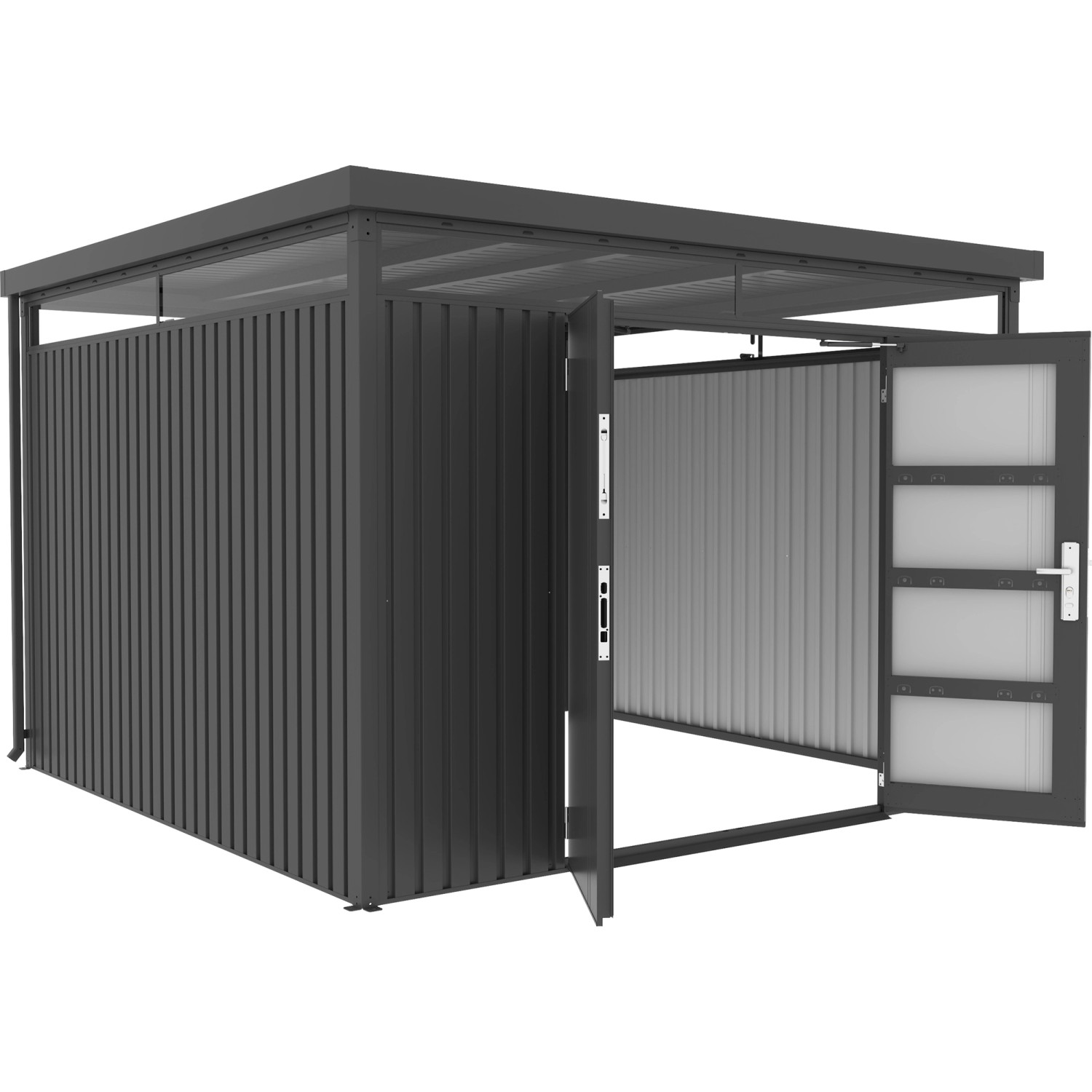 Floraworld Gerätehaus Premium mit Oberlicht, 314x218x314 cm, Metallic-Grau, Doppeltür geöffnet.