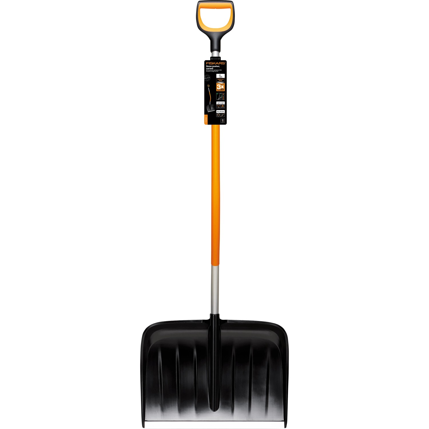 Fiskars Schneeschieber Ergonomic X-series mit D-Griff und Aluminiumkante.