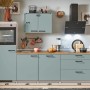 Moderne pino Küchenzeile in Fjordgrün, 270 cm breit, mit Geräten und Spüle. Inklusive Einbauschrank und Elektrogeräten.