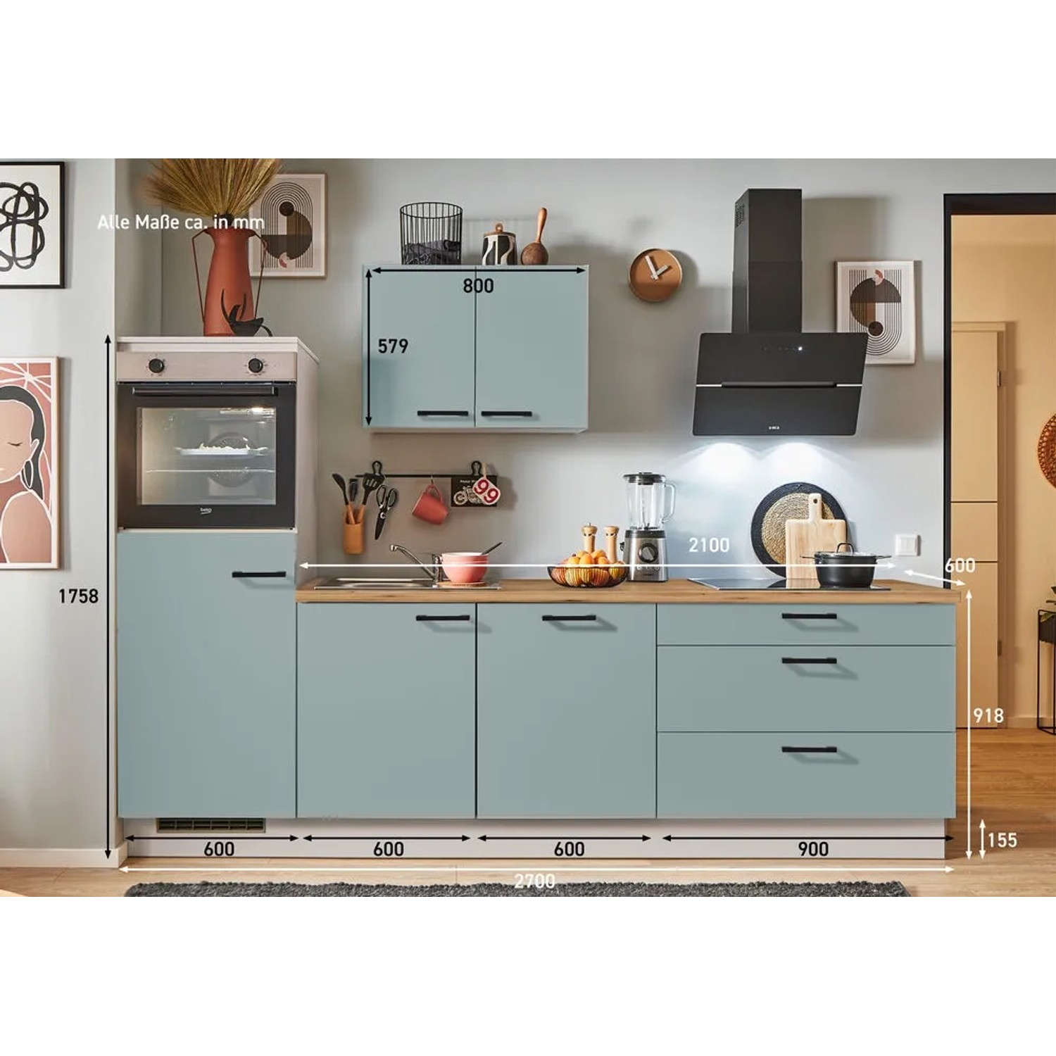 Moderne pino Küchenzeile in Fjordgrün, 270 cm breit, mit Geräten und Spüle. Inklusive Einbauschrank und Elektrogeräten.