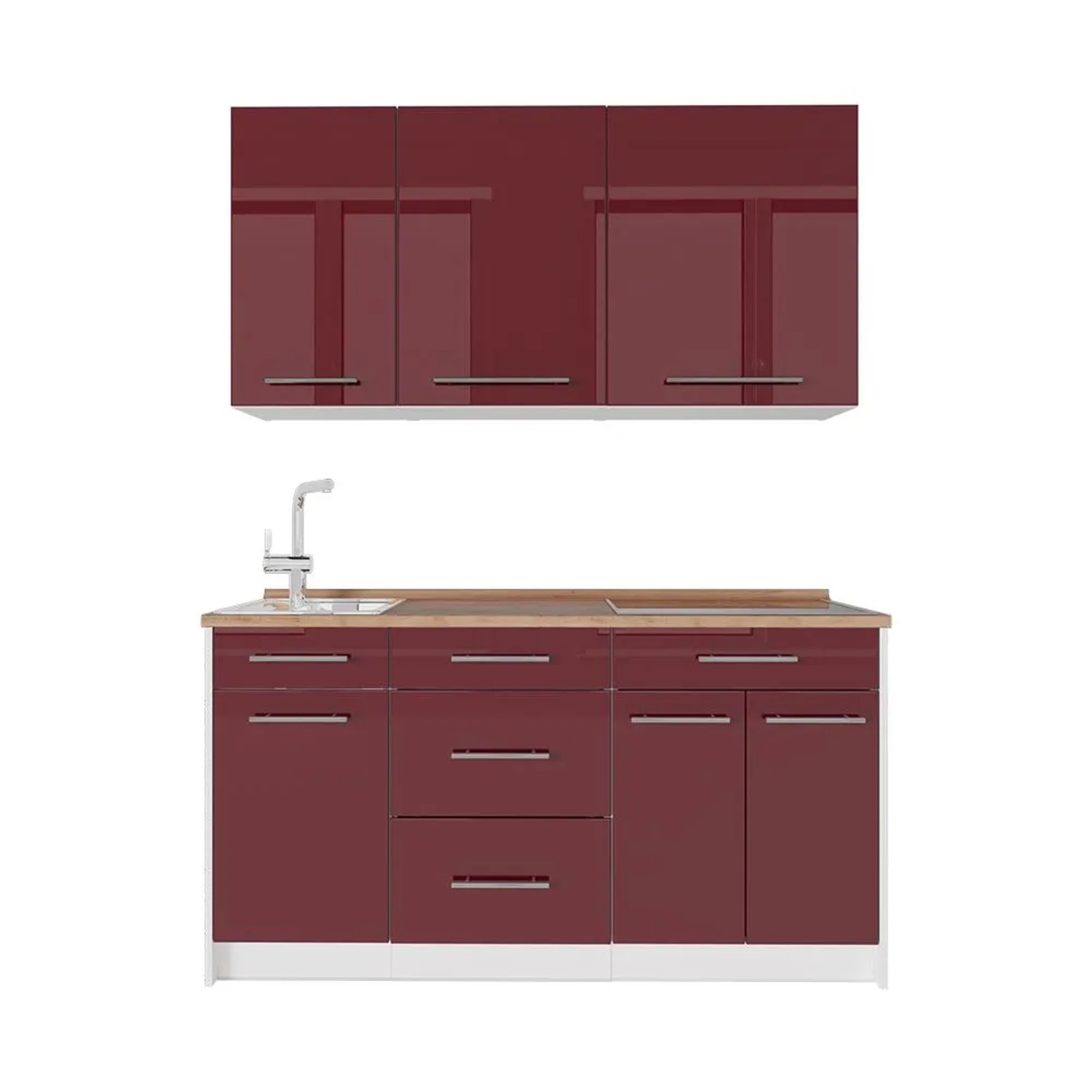 Vicco Singleküche Fame-Line Bordeaux Hochglanz/Weiß 150 x 82 AP Eiche Art Nr 64824
