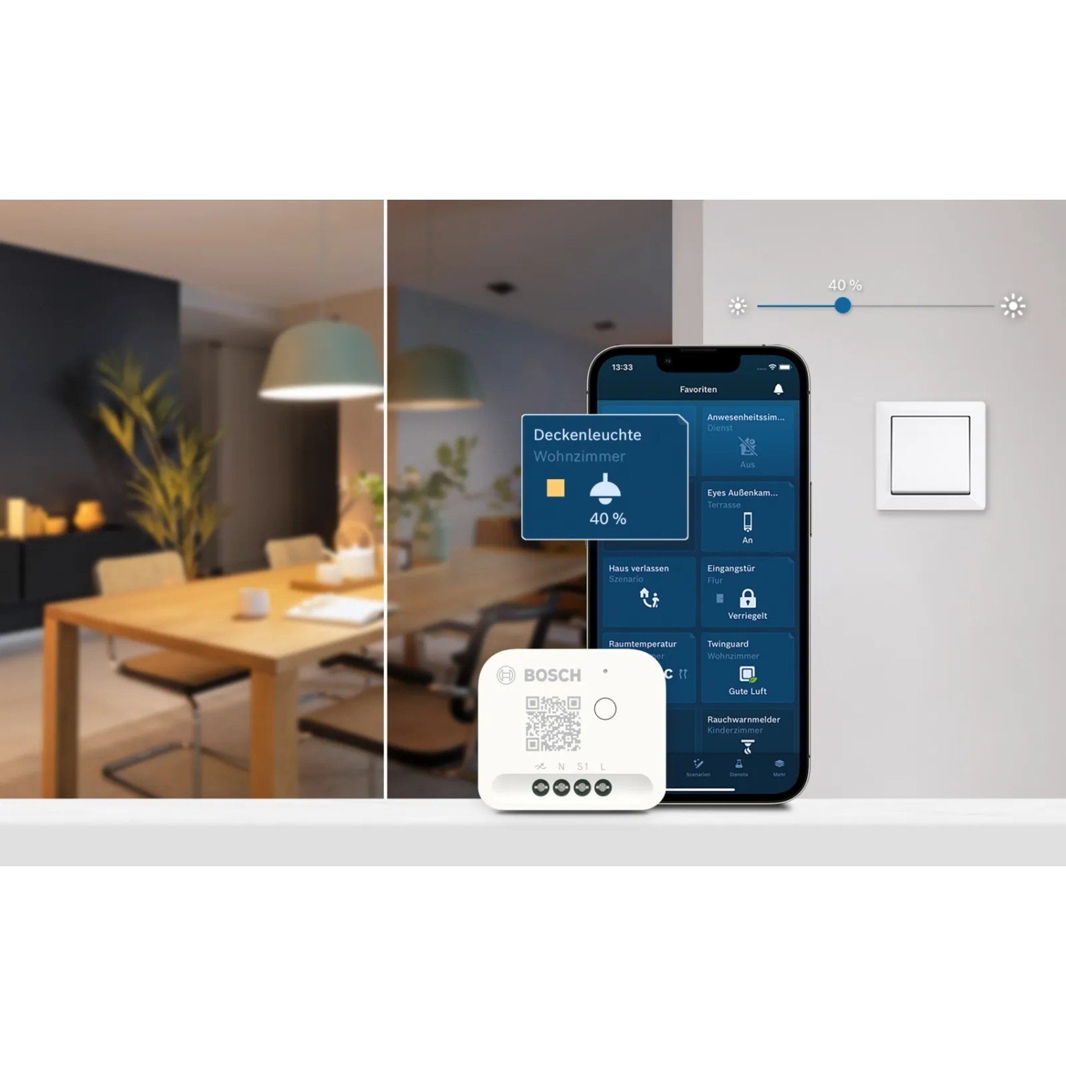 Bosch Smart Home Dimmer mit App-Steuerung und Wandschalter für smarte Hausautomation.