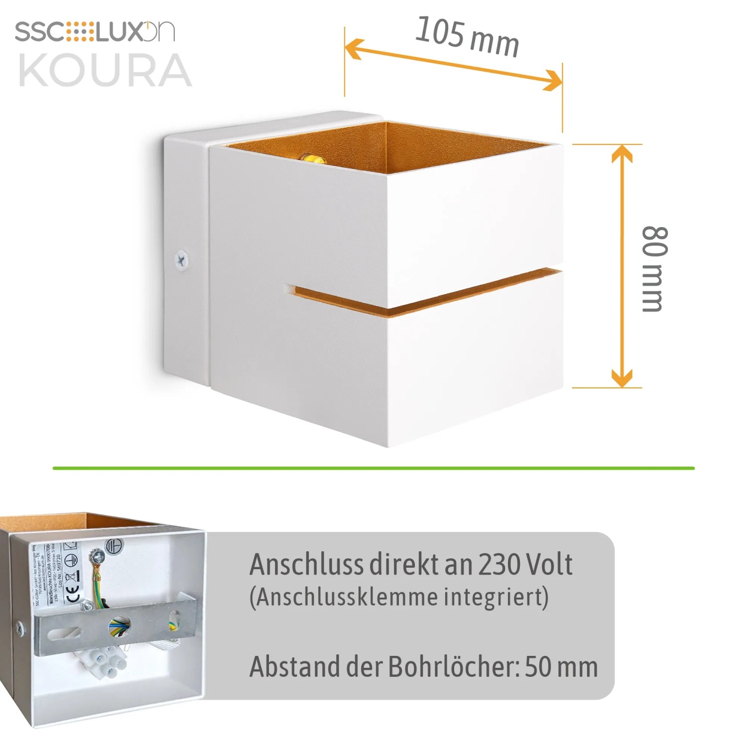 2er Set KOURA Wandleuchten in Weiß/Gold für Innen, Up-Down Licht und Lichtschlitz. Ideal als Lampen & Leuchten.