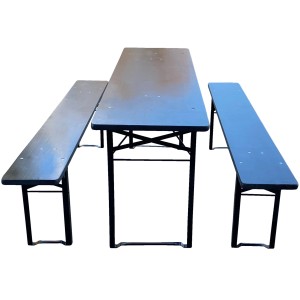 Bierzeltgarnitur in Schwarz-Grau: Tisch und zwei Bänke, klappbar und platzsparend.