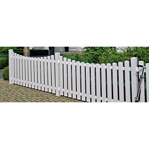 Weißer T&J Vorgartenzaun Lightline Tiefbogen, 180x80/70 cm, aus PVC-Kunststoff.