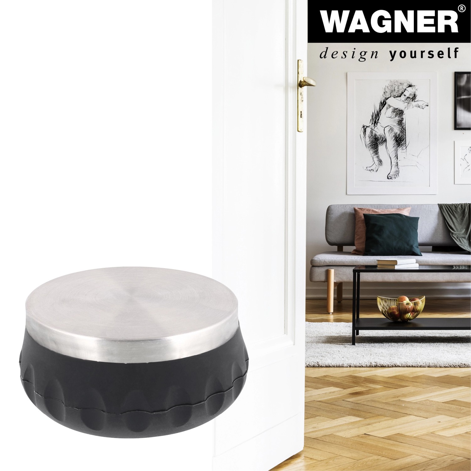 Wagner Türstopper aus Edelstahl Optik, Ø 93 mm, zum Hinstellen vor Türen.