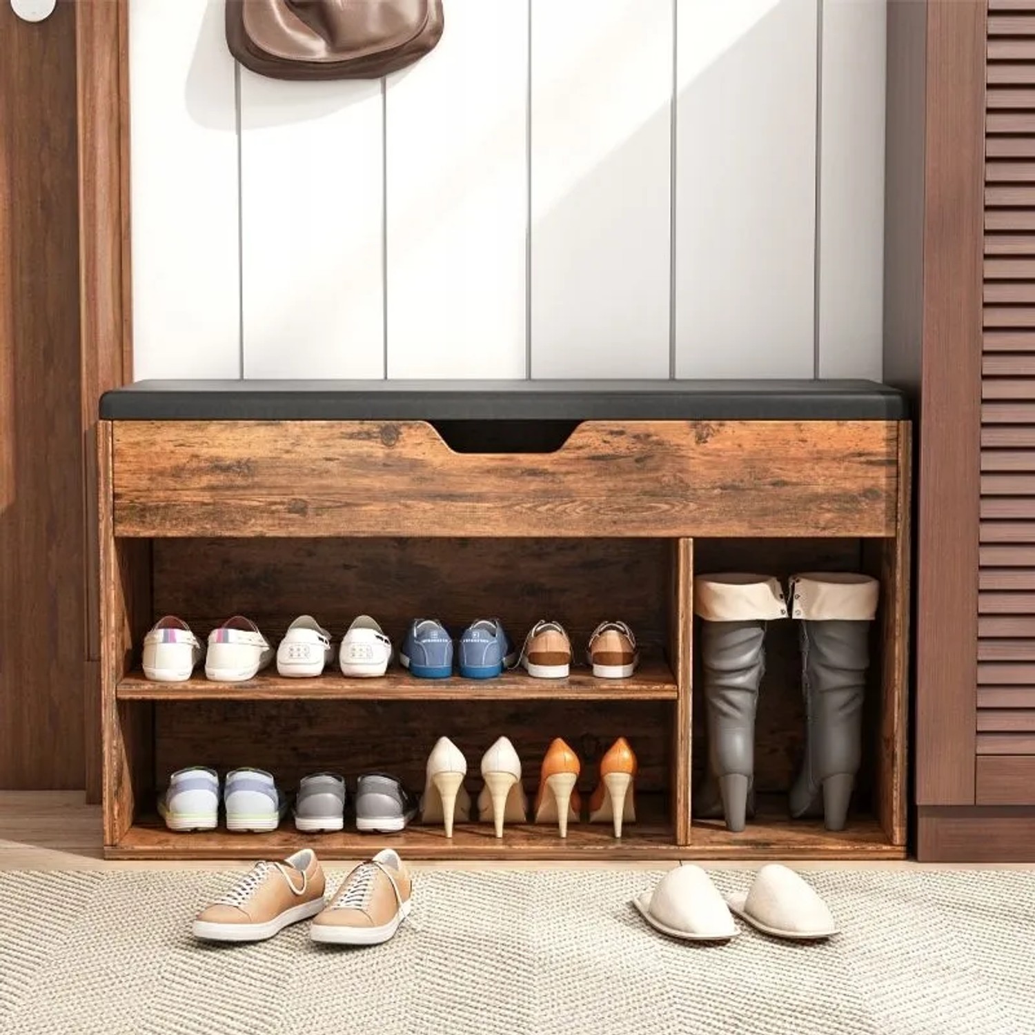 Rebiko Geräumiger Schuhschrank Mit Sitzfläche Stauraum 2 Einlegeböden Retro-holzdesign_6