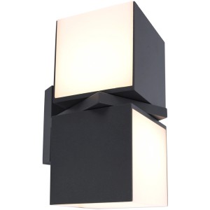 Moderne LED Außenwandleuchte Cuba von Lutec mit zwei drehbaren, leuchtenden Würfeln.