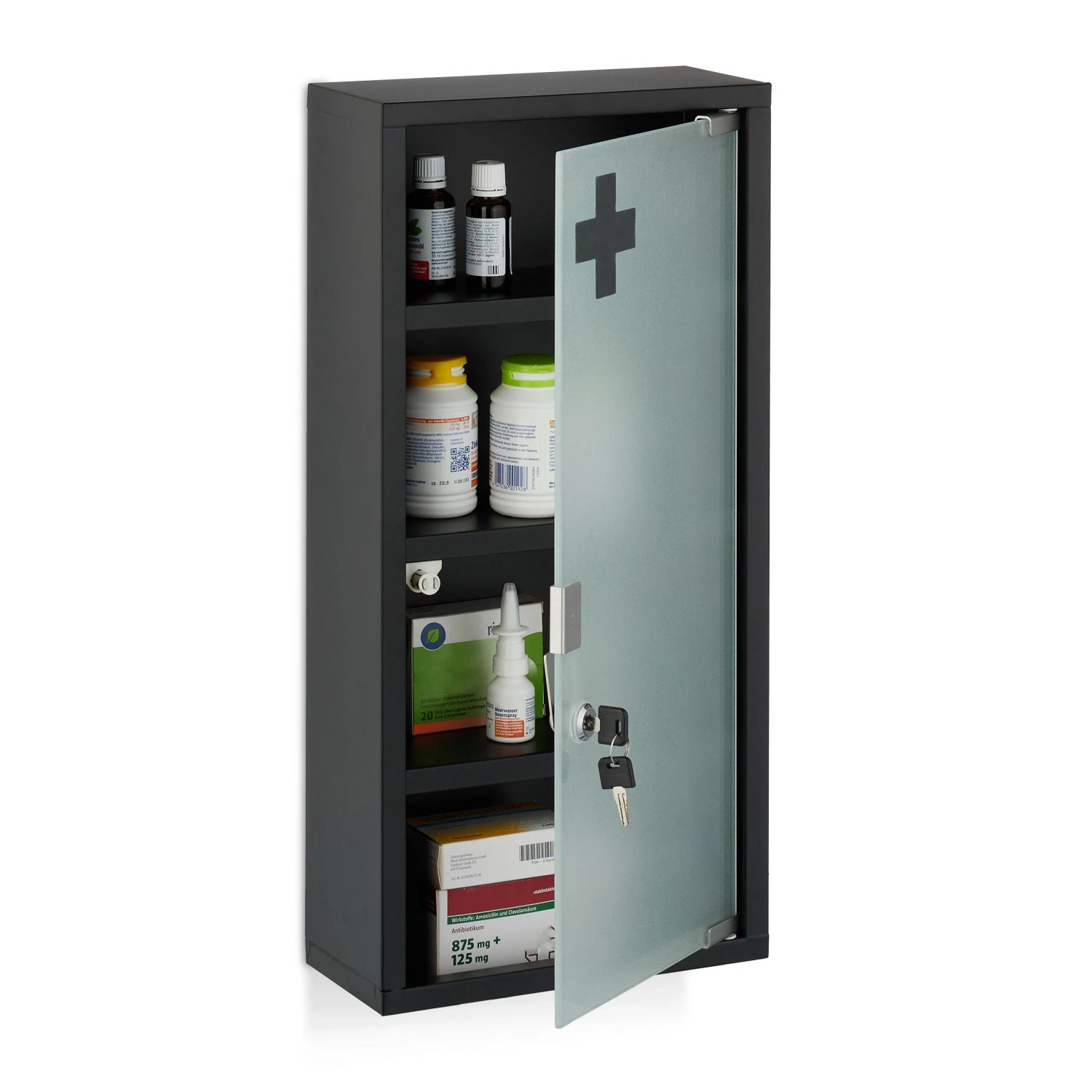 Relaxdays Medizinschrank Stahl Glas Schwarz Abschließbar 57 cm x 27 cm x 12 cm 3,7 kg
