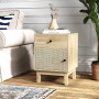 Nachttisch Rattan Natur aus hellem Holz mit Schublade und Schranktür. Boho-Beistelltisch für Schlafzimmer.