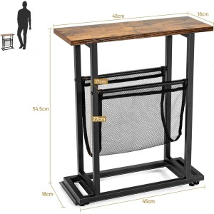 Schmaler Beistelltisch vintagebraun/schwarz mit Holzoptik-Platte, schwarzem Stahlgestell und Netzablage.
