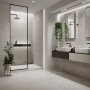 Modernes Bad mit grauen Cersanit Durin Wandfliesen im Format 29,8x59,8 cm. Schlichtes Design mit Dusche und Waschtisch.