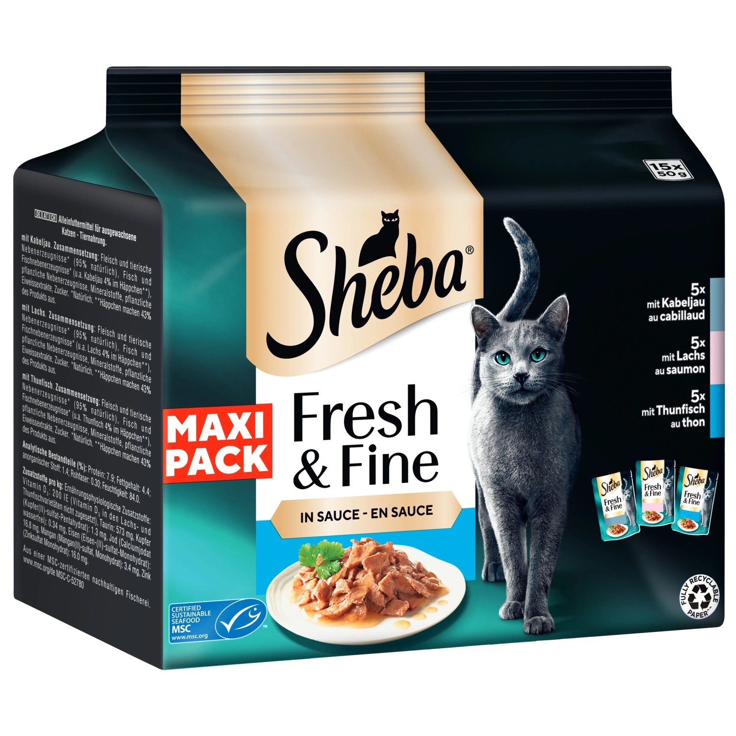 Sheba Katzen-Nassfutter Fresh & Fine Kabeljau Lachs Thunfisch Maxipack 15 x 50 g