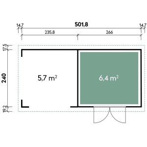 Grundriss Finnhaus Wolff WPC Gerätehaus Tona 5024, 531x277cm, hellgrau, mit Maßen und Flächenangaben.