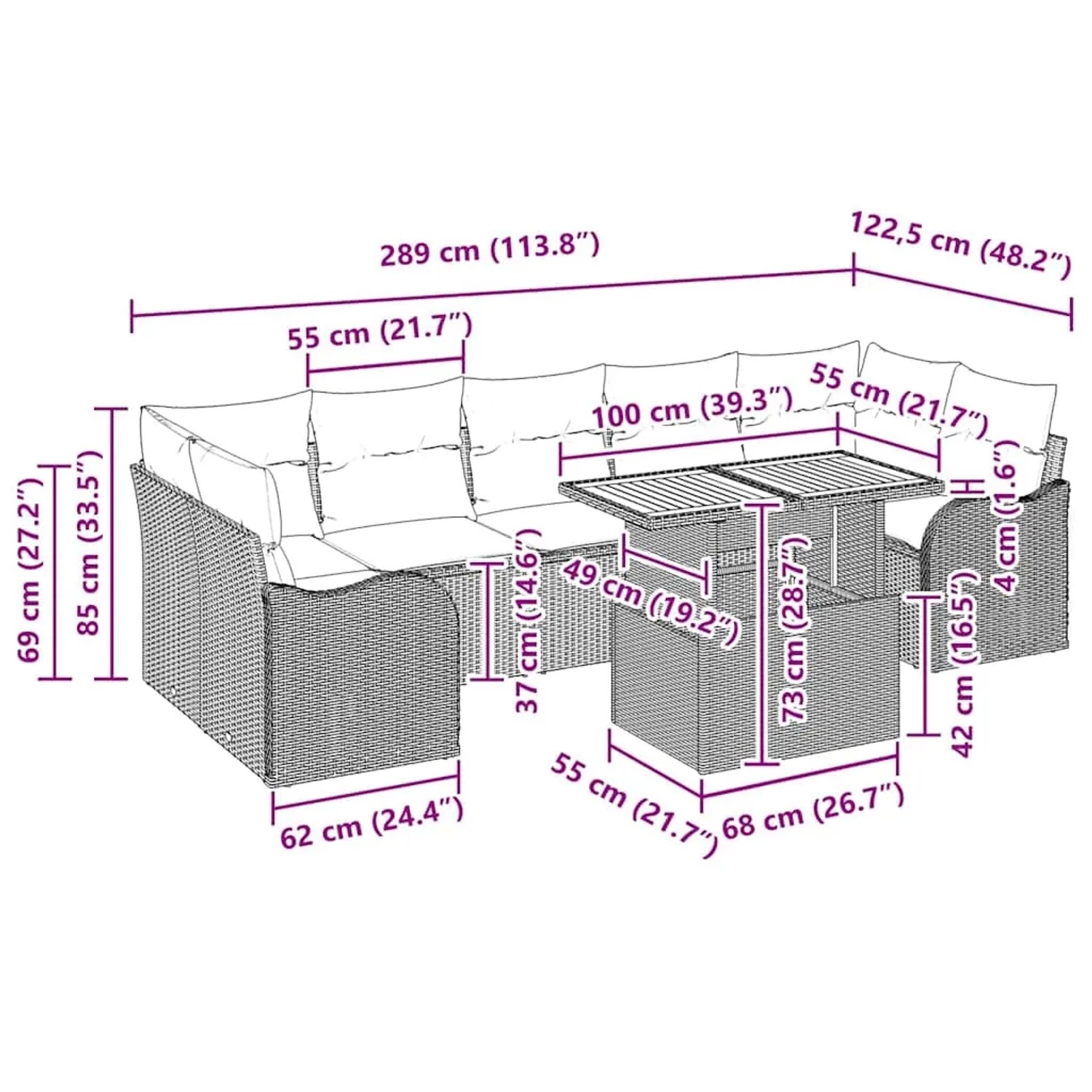 vidaXL Garten-Sofa-Set 8-tlg. Schwarz Poly Rattan mit Maßangaben