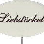 Emailleweißer Kräuterstecker mit der Aufschrift Liebstöckel für Beet und Pflanzkübel.