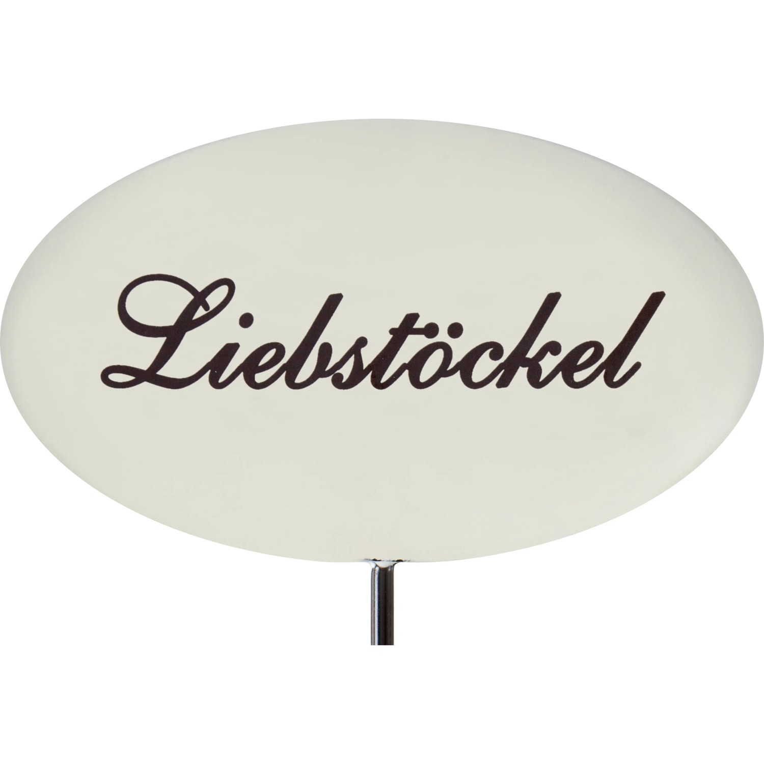 Emailleweißer Kräuterstecker mit der Aufschrift Liebstöckel für Beet und Pflanzkübel.