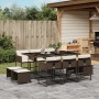 Braune 11-tlg. vidaXL Garten-Essgruppe aus Polyrattan mit Tisch, Stühlen, Hockern und cremefarbenen Kissen.