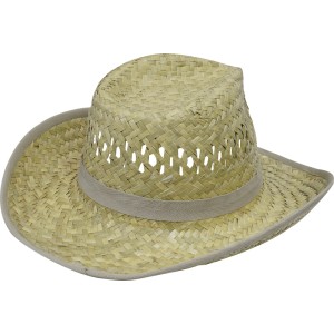 Beiger Strohhut für Männer mit beigem Textilband und verstärkter Krempenkante. Handgewebter Outback-Sonnenhut.