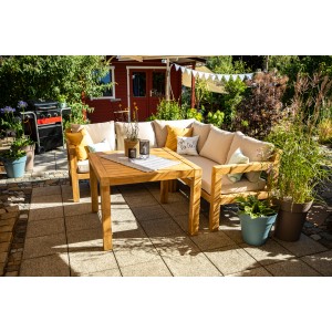 4-teiliges Lounge-Set Morenci mit Esstisch aus Akazienholz FSC® für Garten oder Terrasse.