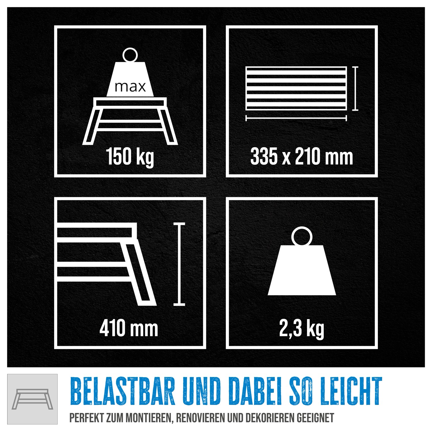 Aluminium Trittleiter GAT 2S: Grafische Darstellung der technischen Daten wie Belastbarkeit, Maße und Gewicht.