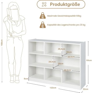 Costway Kinderregal Spielzeug 2 Groß 6 Klein Fächern 122 x 32 x 93 cm Weiß