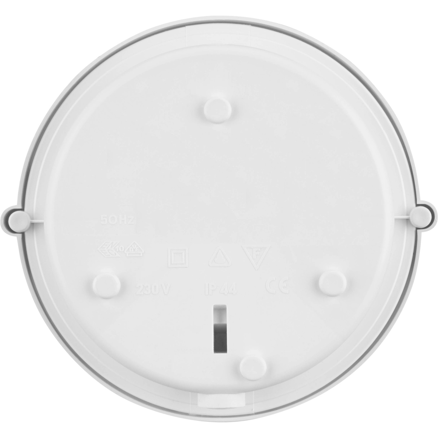 Runde, weiße REV Ritter Kellerlampe aus Kunststoff, 100W, Detailansicht der Rückseite.