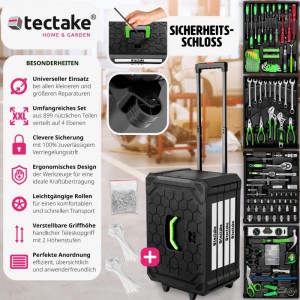 Tectake Werkzeugkoffer Gerhard mit 899 Teilen, Trolley mit Teleskopgriff und Rollen.