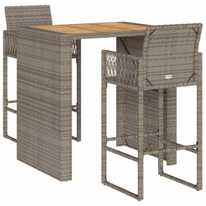 vidaXL Gartenbar-Set, 3-teilig, grau, Poly Rattan, Akazienholz. Bar-Tisch mit zwei Barhockern.