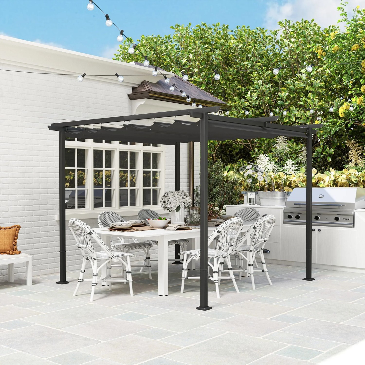 Dunkelgraue Furnicato Gartenpergola 3x3m mit verstellbarem Sonnendach und Metallrahmen auf Terrasse.