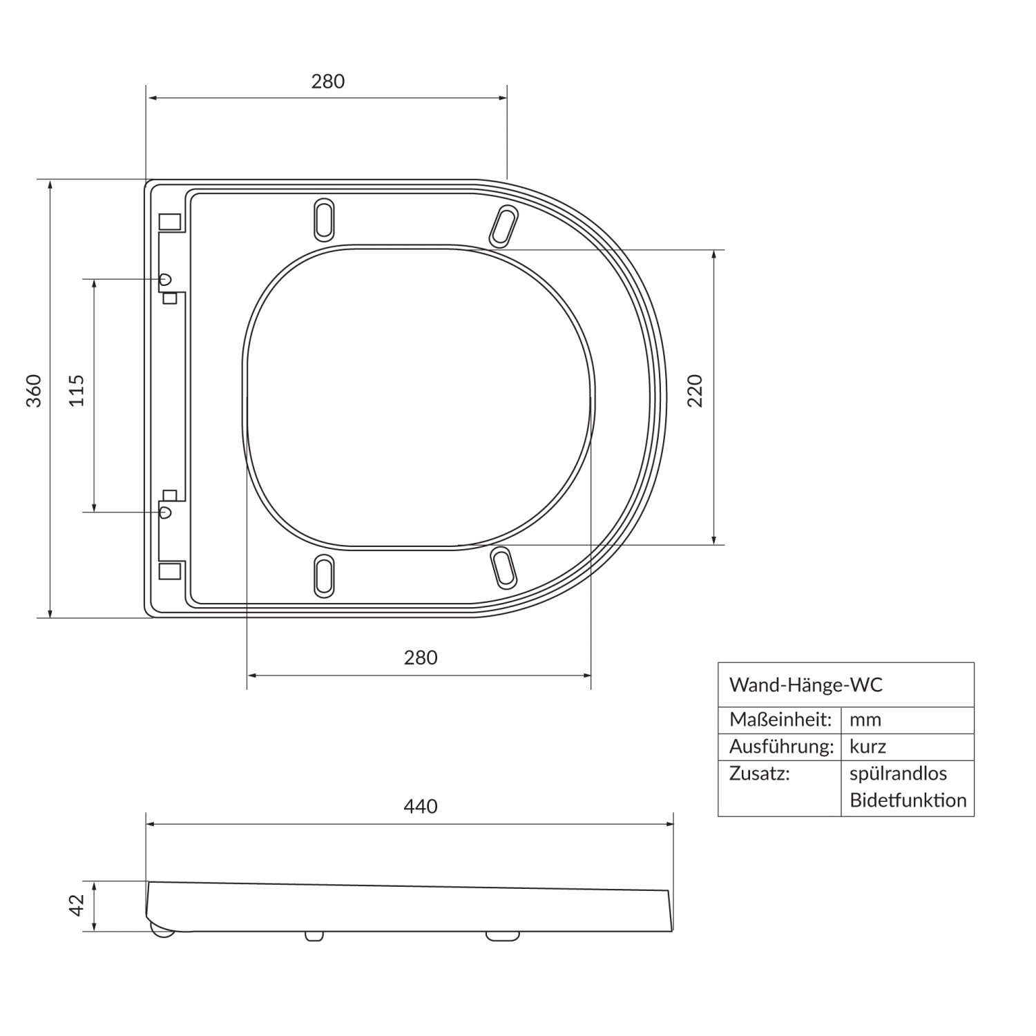 Technische Zeichnung: LuxeBath Hänge WC, spülrandlos, Bidet-Funktion, kurze Ausführung, Maße in mm.
