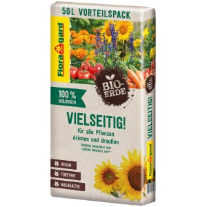 Sack Floragard Bio-Universalerde 50L mit Gemüse- und Blumenmotiv. Torffrei, vegan und nachhaltig.