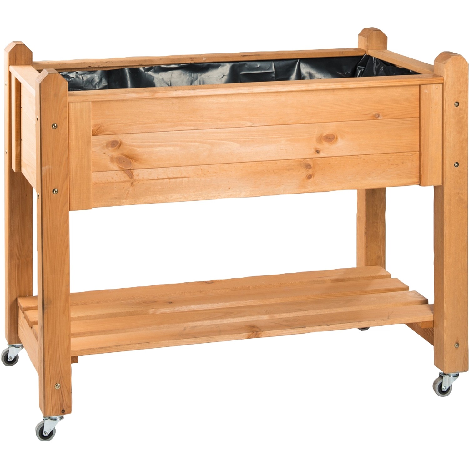 Wilk Hochbeet Premium, 113 cm, honigbraun, aus Kiefernholz mit Ablage und Rollen.