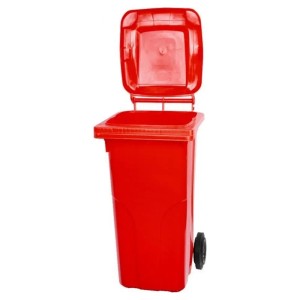 Rote 120L Mülltonne mit Rädern und geöffnetem Deckel, PROREGAL SuperSparSet.