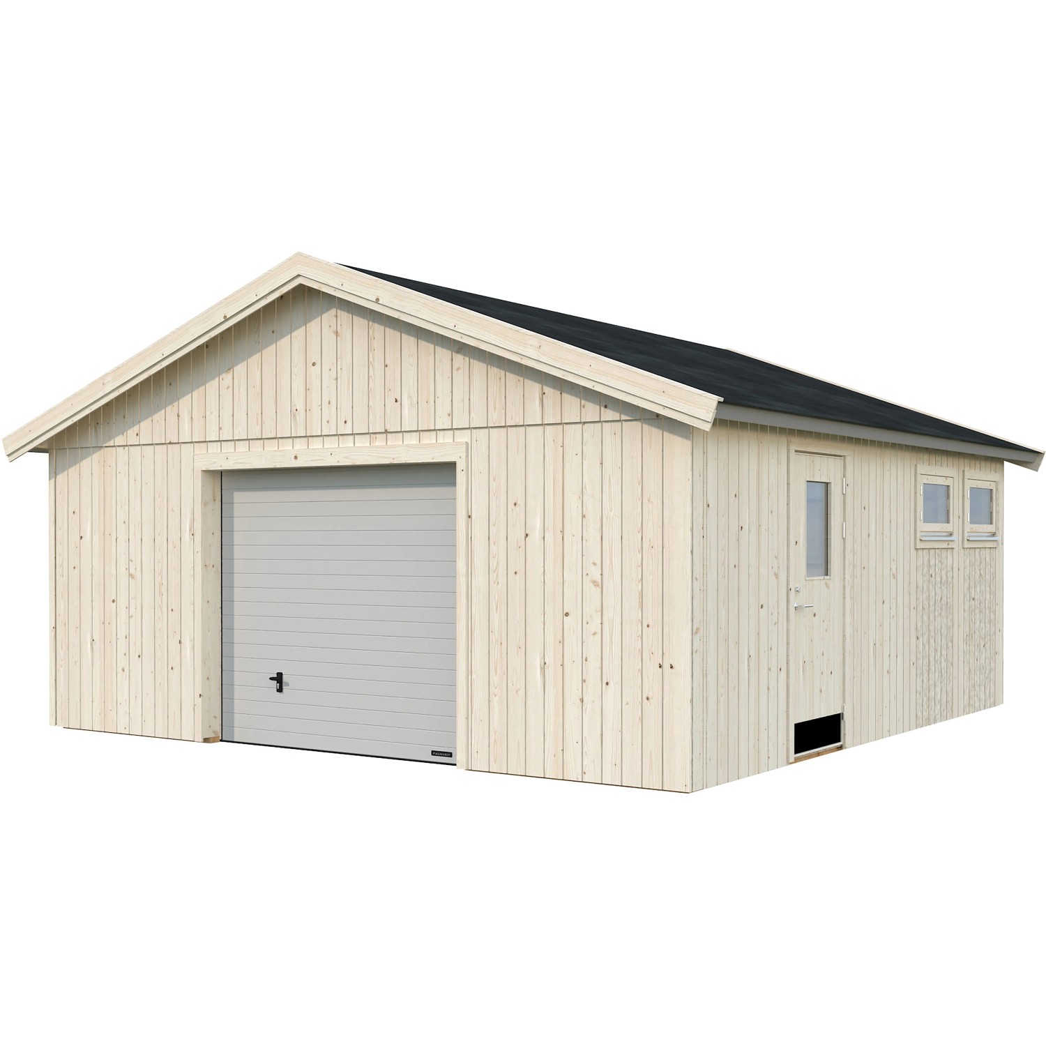 Palmako Holzgarage Andre mit Sektionaltor, naturbelassenes Holz, Tür und Fenster.