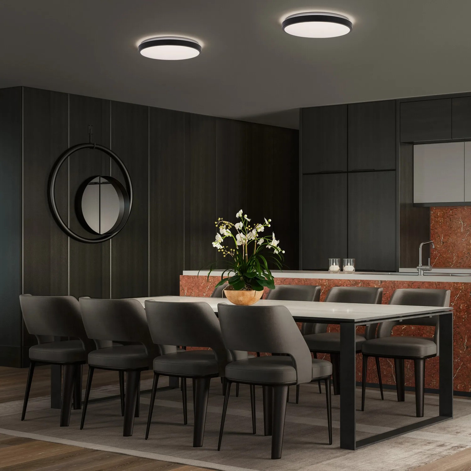 LEDVANCE LED-Deckenleuchte Orbis London, schwarz, Ø 28cm, im modernen Esszimmer.