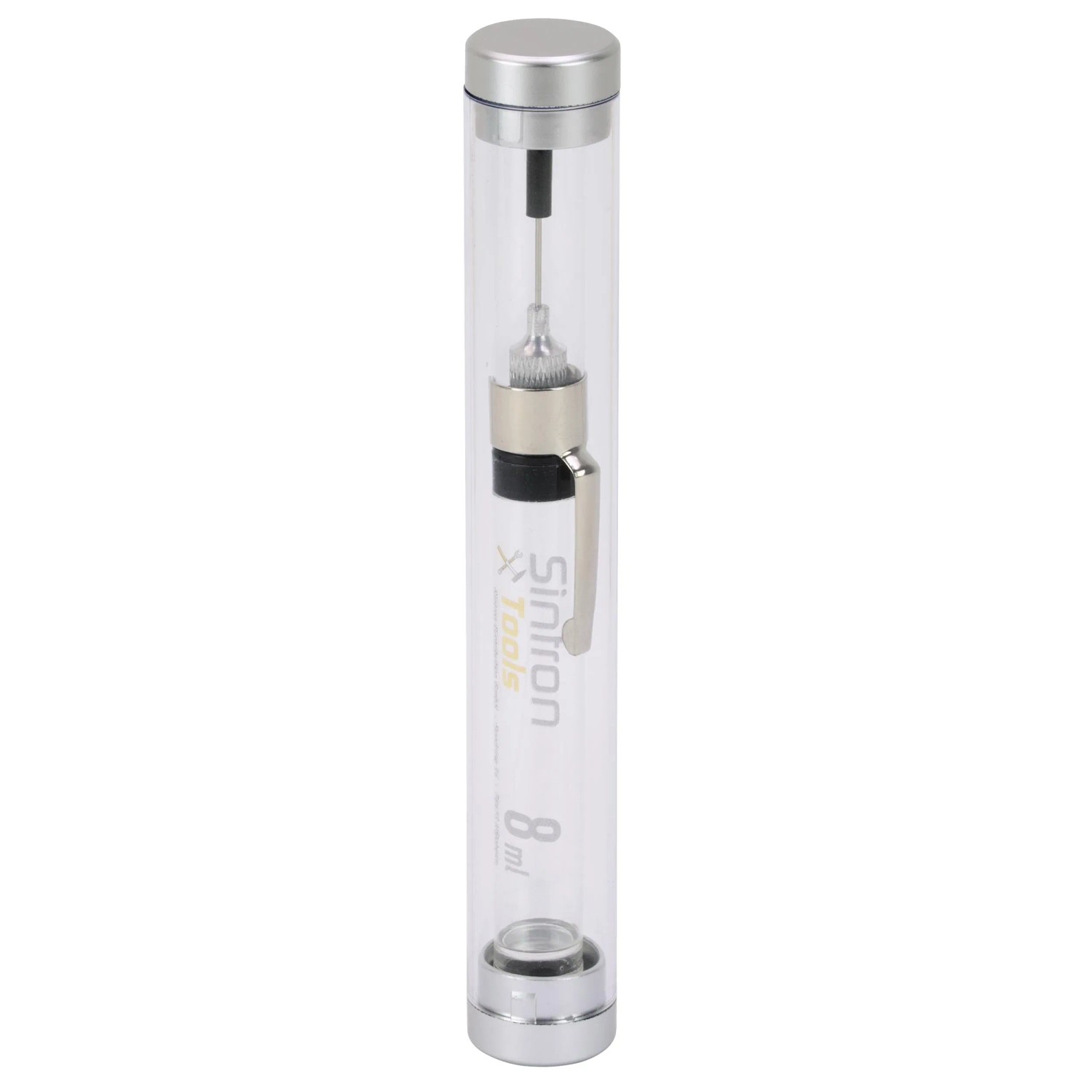 Sintron Präzisions-Öler 8 ml im transparenten Behälter mit silbernen Enden.