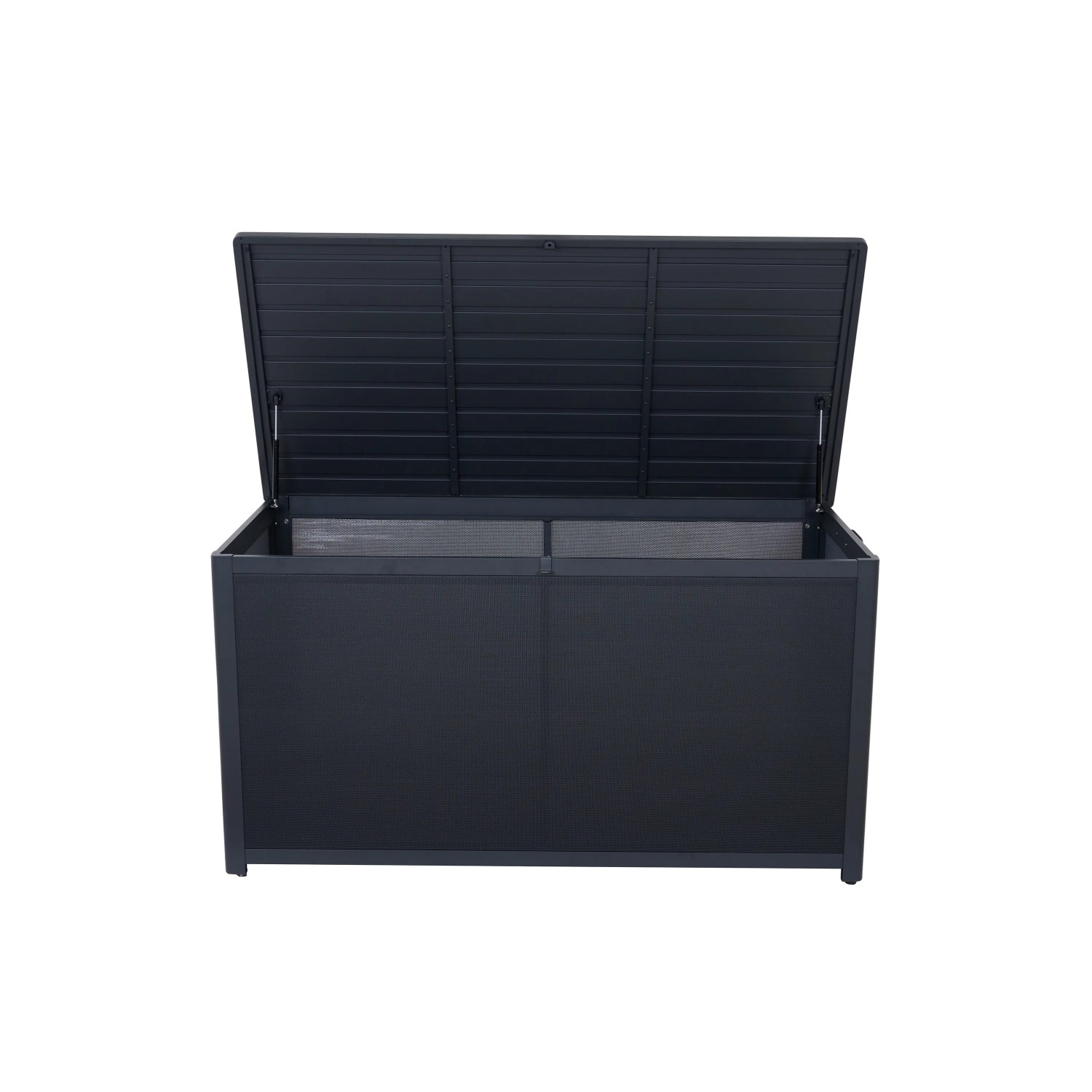 Geöffnete, dunkelgraue Siena Garden Kissenbox Sabano (159x79x83cm) zur Aufbewahrung von Gartenkissen.