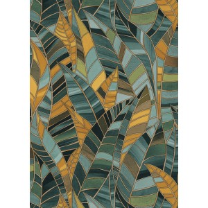 Erismann Vliestapete Elle Decoration 4 Serenade Petrol mit stilisierten Blättern und goldenen Konturen.