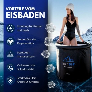 Poolomio Arcdip Eisfass mit Frau beim Eisbaden. Eistonne für Kältetherapie und Regeneration.
