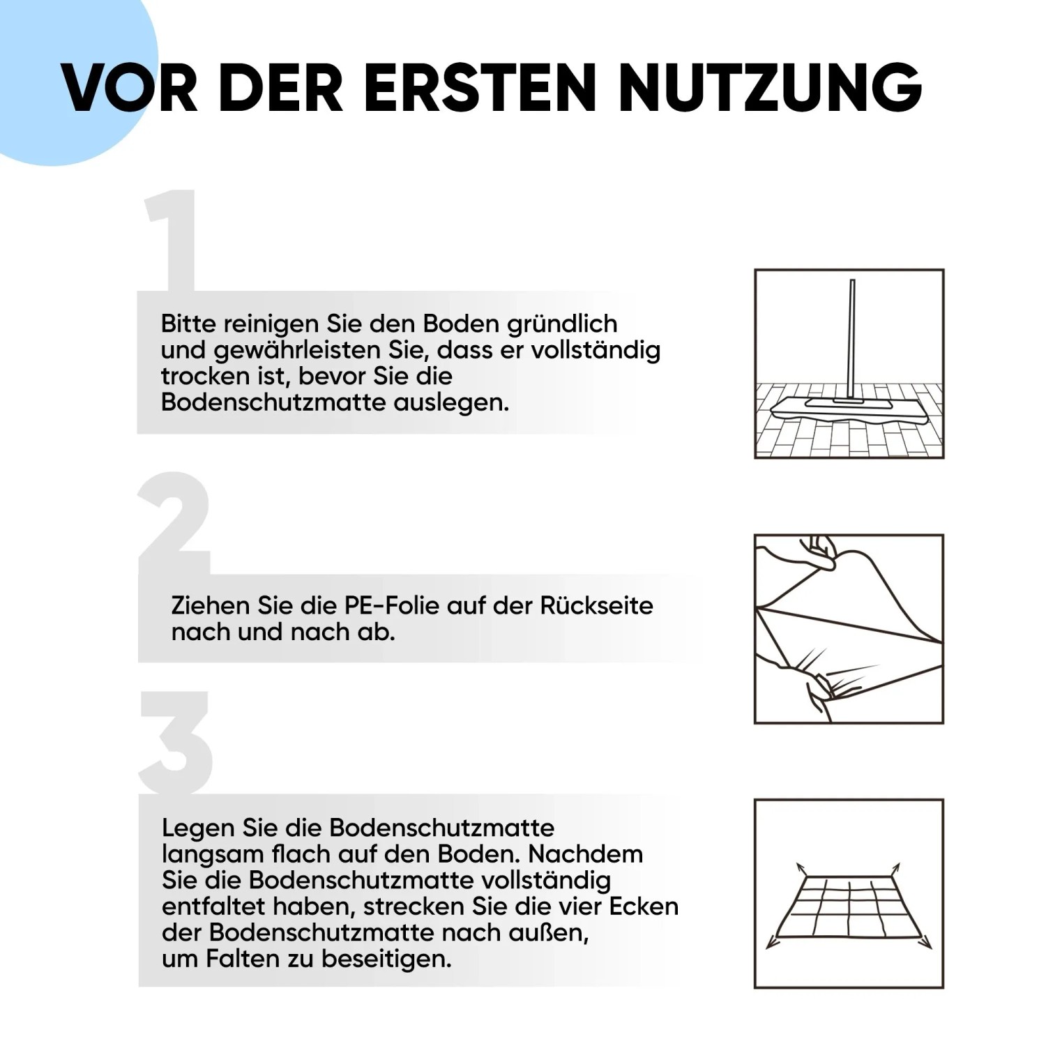 Anleitung zur Nutzung der Bodenschutzmatte: Boden reinigen, Folie abziehen, Matte auslegen und Ecken strecken.