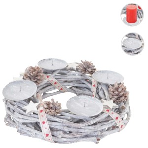 MCW Adventskranz aus Holz, Ø 30cm, mit 4 Kerzenhaltern, Zapfen und Sternen verziert.