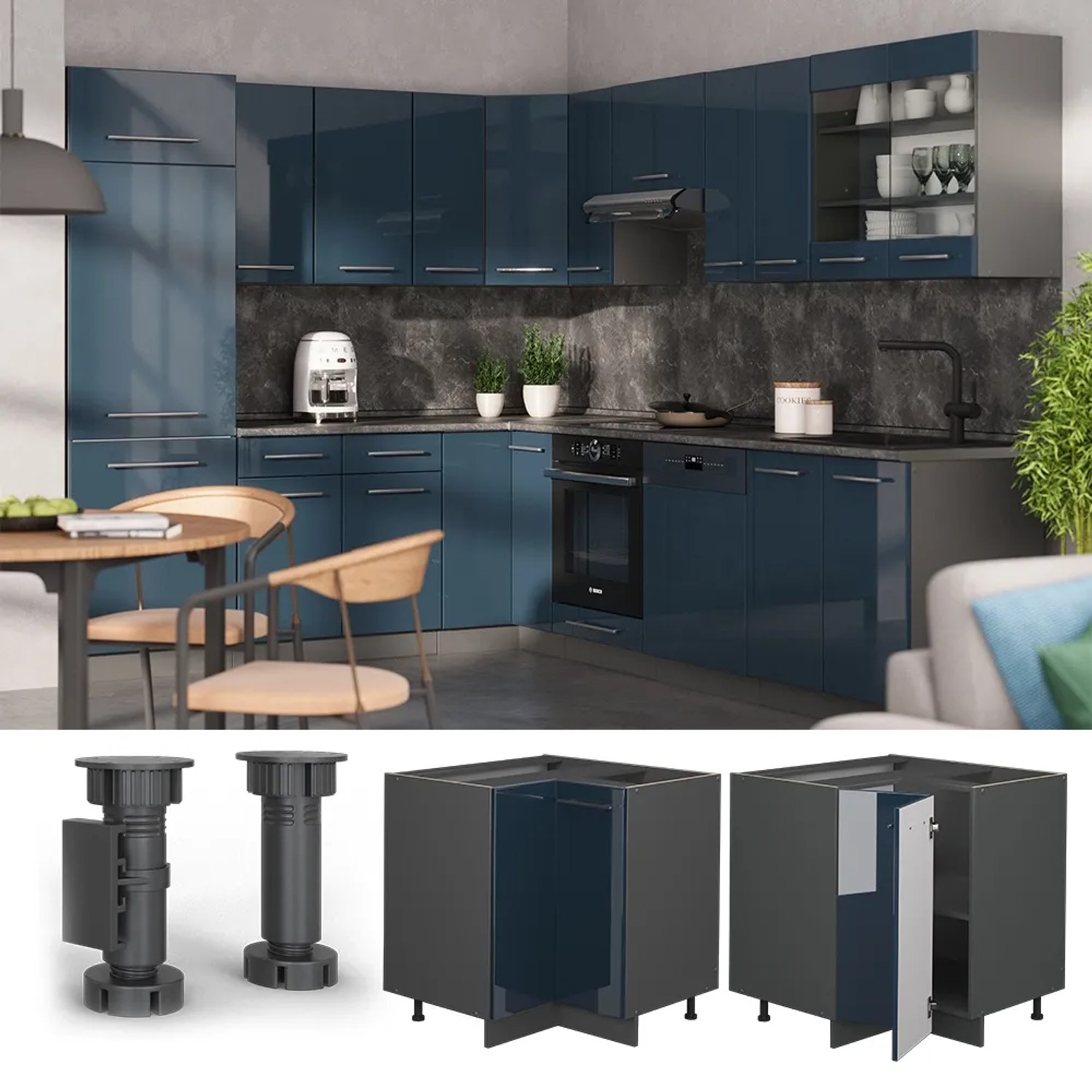 Vicco Eckunterschrank Fame-Line, dunkelblau hochglanz mit Marmor Arbeitsplatte, Küchenschrank für Ecklösungen.