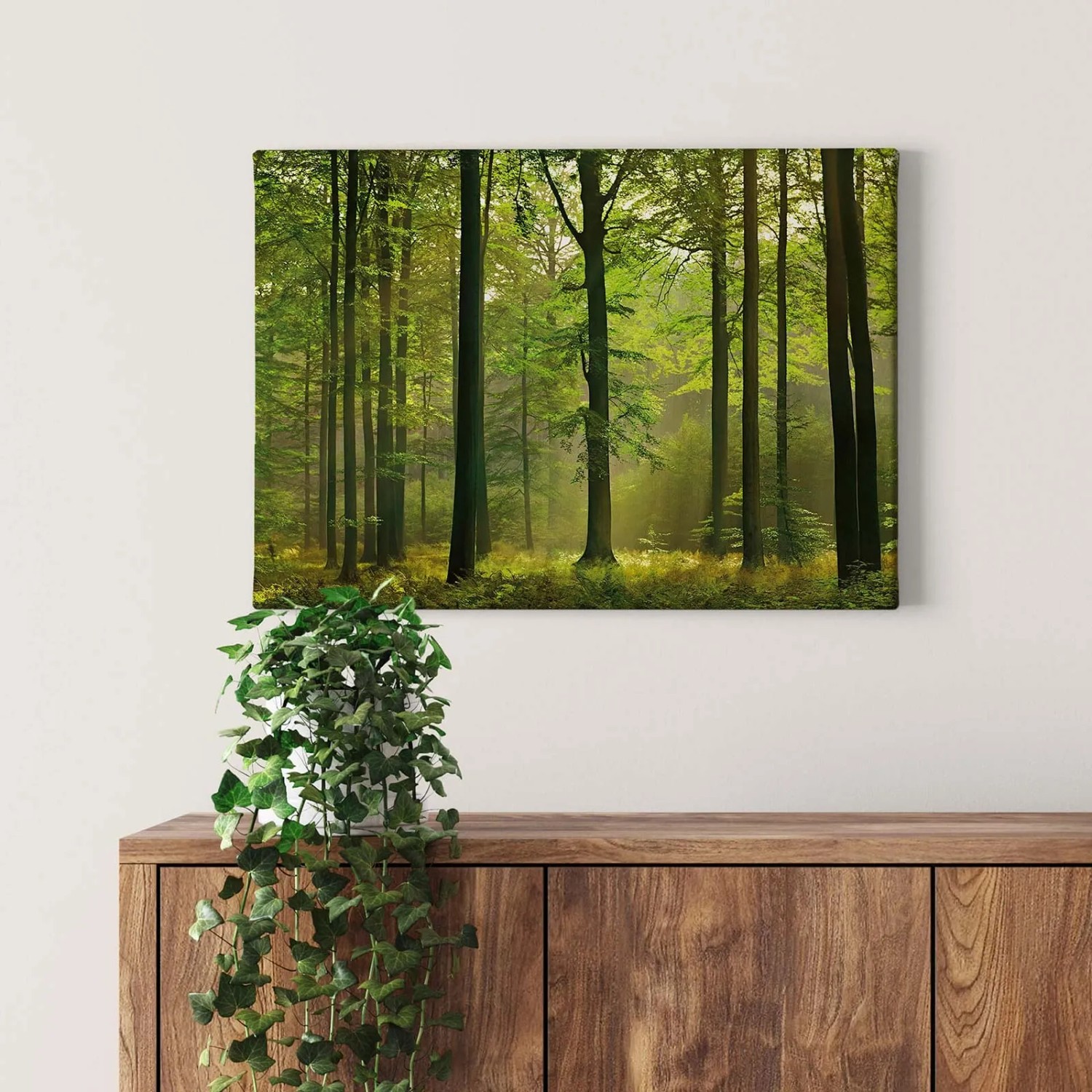 Bricoflor Leinwandbild Wald mit Sonnenstrahlen, grüne Wanddeko für Wohnzimmer & Schlafzimmer.