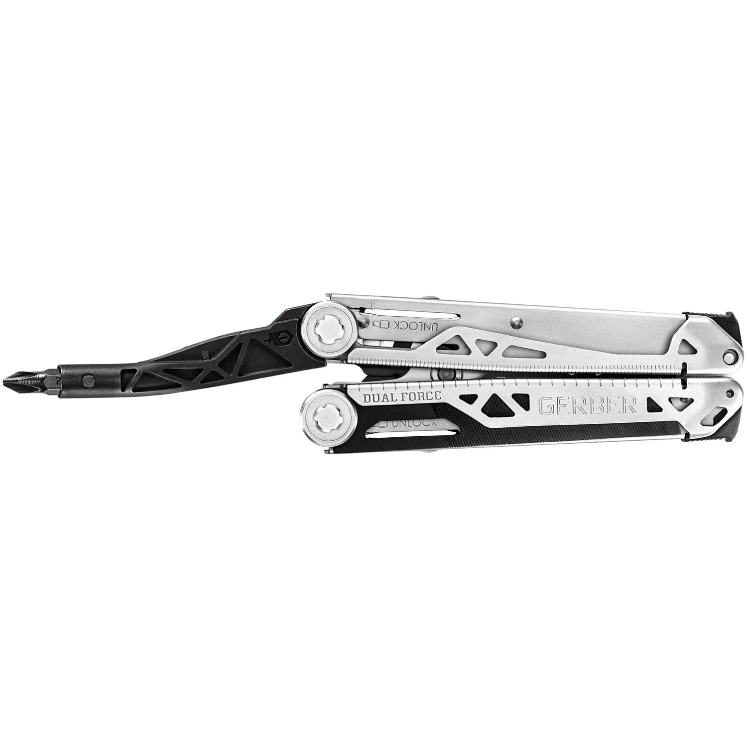 Gerber Dual-Force Multitool mit 12 Werkzeugen, inklusive Bit-Schraubendreher.