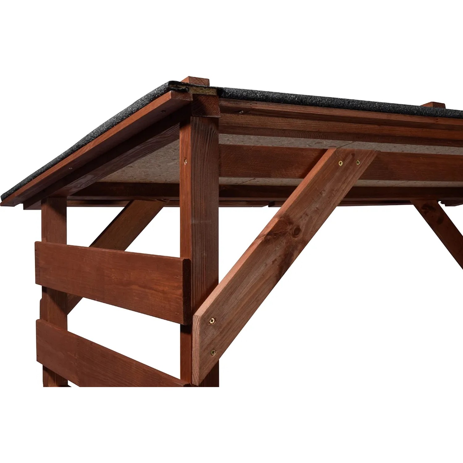 Detailaufnahme Kaminholzregal Ligno von Dobar, massiv, mit Bitumendach. Holzregal aus Kiefernholz.