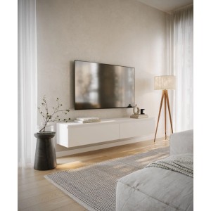 Weißes Selsey TV-Hängeboard Bemmi 175 cm, schwebend unter TV im modernen Wohnzimmer, mit zwei Fächern.
