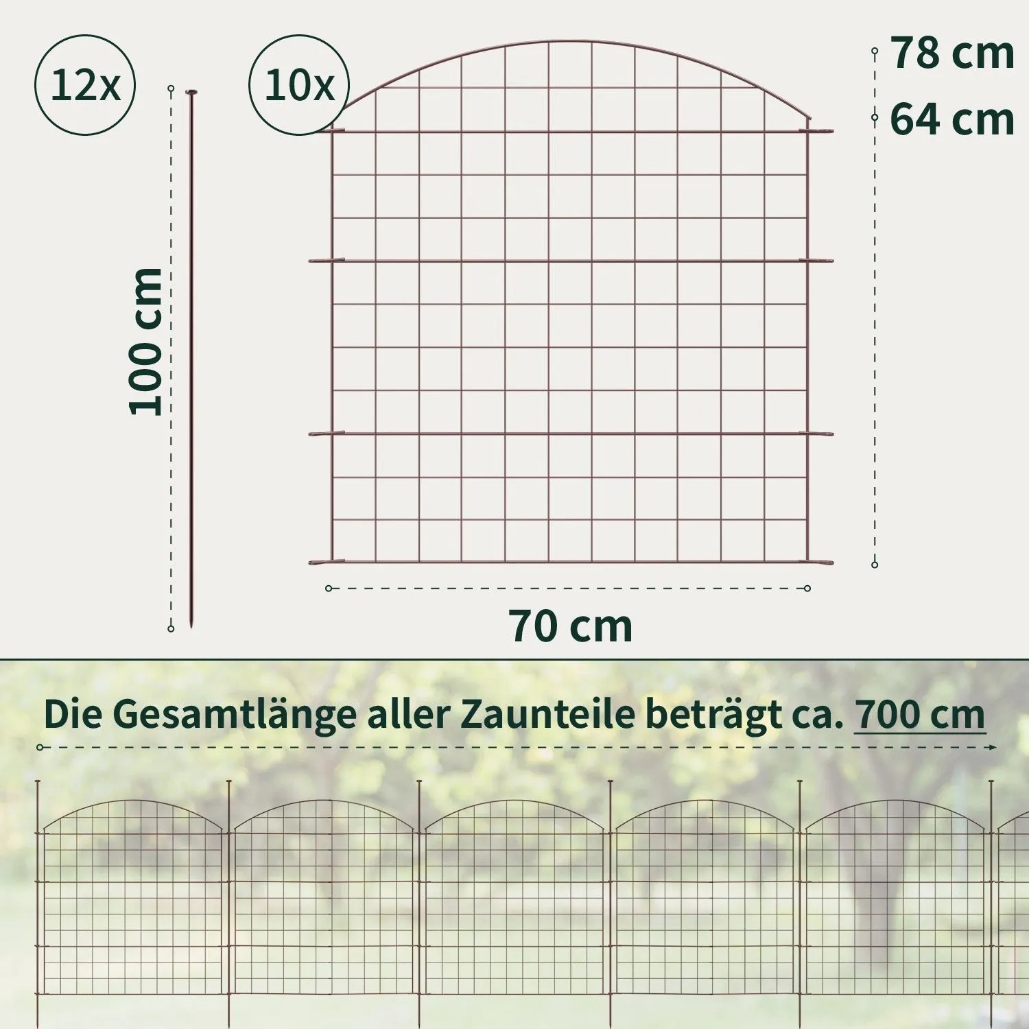VERDOBA Teichzaun Gartenzaun Hundezaun Metall Gitterzaun aus Zaunelementen 10x Oberbogen Braun_3