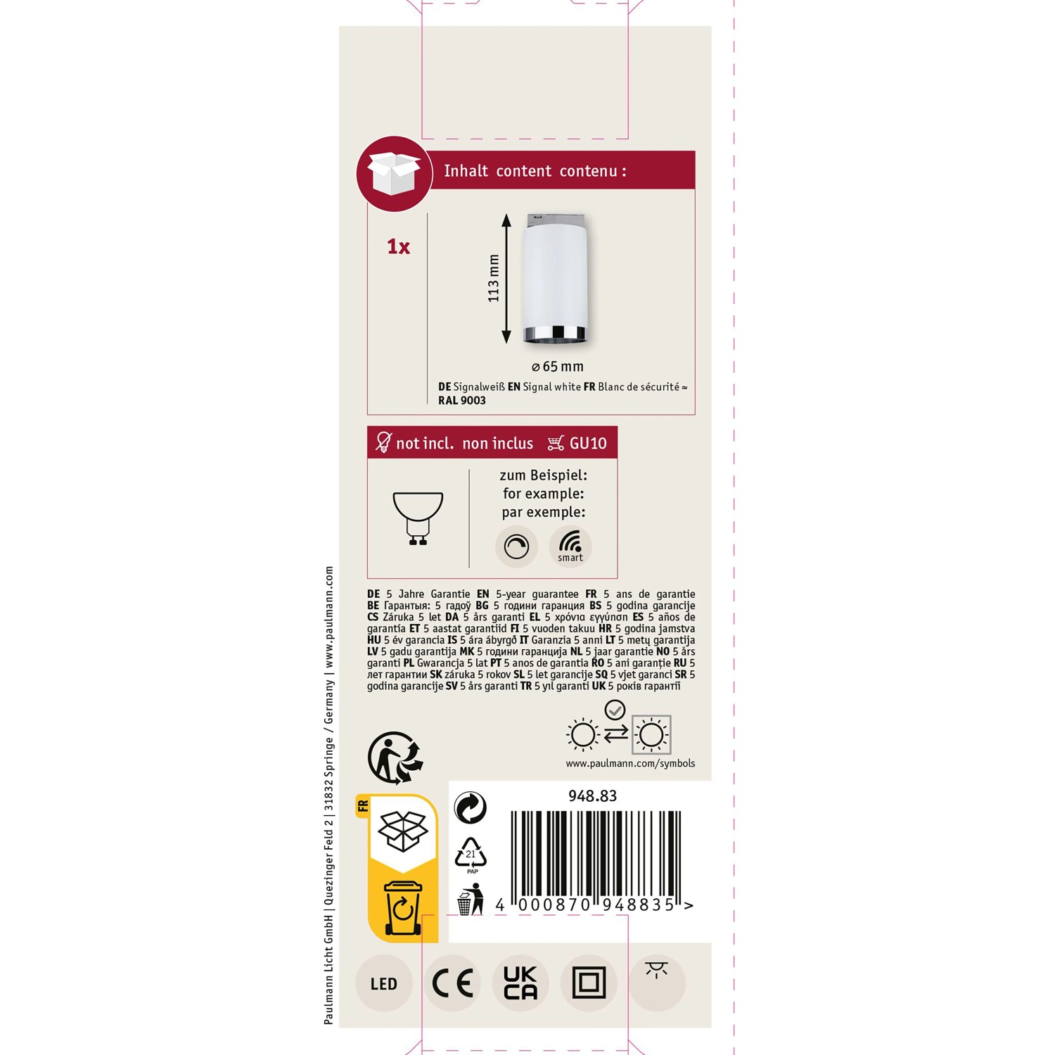 Verpackung des Paulmann URail Schienenspots Tube in Signalweiß, Durchmesser 6,5 cm.