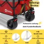 Detailaufnahme: Sekey Bollerwagen, rote Plane, breite Räder, verbesserte Lenkung durch Dreiecksstruktur.